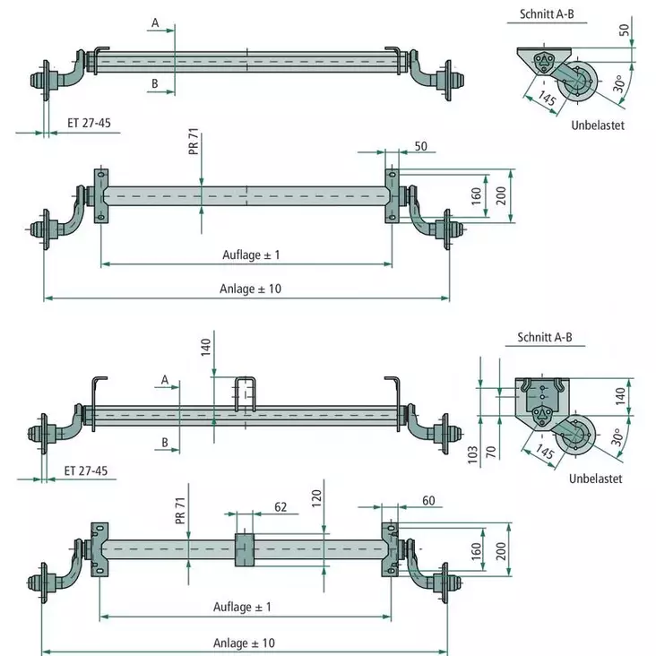 Akseli vt jarruton 750kg B1550 C1980mm AL-KO akseli optima 4X100 - AL-KO ja bpw - 21272 - 3