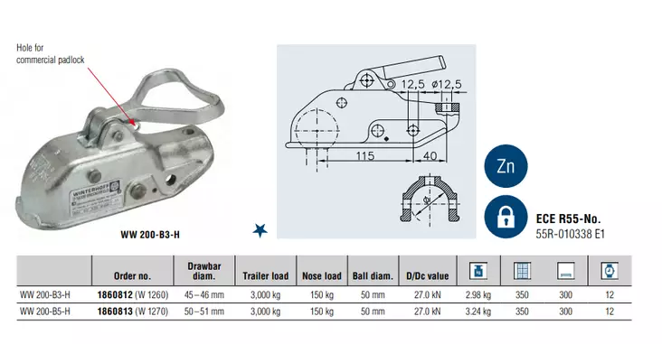 Kuulakytkin WW 3000kg 50-51mm putkelle pultit vaaka/pysty - Winterhoff - 23812 - 1